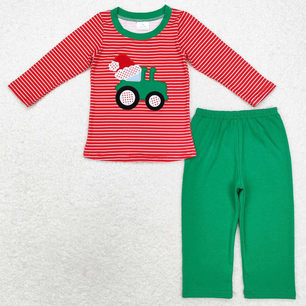 Baby Boys Clothes Christmas Red Stripes Construction Santa Hat Shirt Pants Sets BLP0679