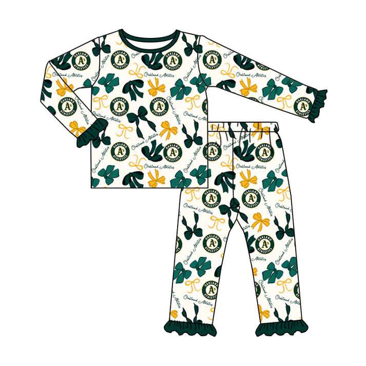 Preorder MOQ 5 Long sleeves A green bows kids girls team pajamas 8.21