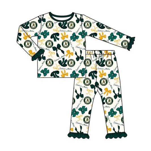 Preorder MOQ 5 Long sleeves A green bows kids girls team pajamas 8.21