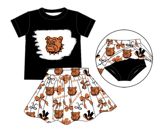 moq 5 preorder Baby Girls Short Sleeves Bulldogs Top Bows Plaid Bummies Skirts Team Set 7.25