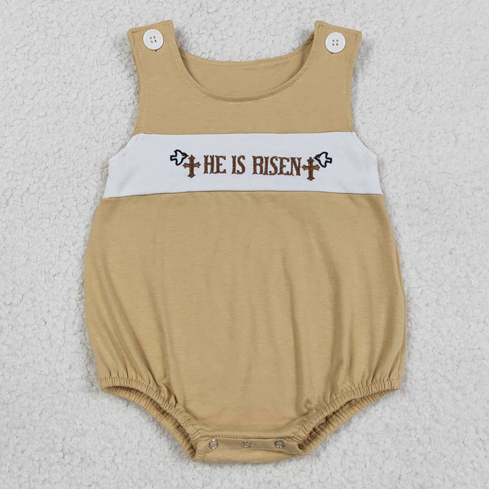 Baby Boys Rompers Embroidery He is Risen Crosses Sleeveless Rompers SR3547