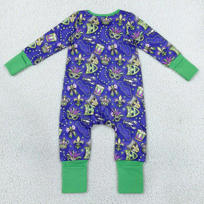 Baby Girls Rompers Mardigras Masks Two Way Ruffle Zip Convertible Rompers LR3334