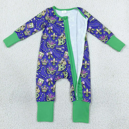 Baby Girls Rompers Mardigras Masks Two Way Ruffle Zip Convertible Rompers LR3334