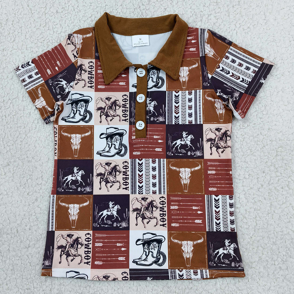Baby Boys Clothes Short Sleeve Button Horse Rodeos Cows Checked Western Polo Shirts Top BT1670