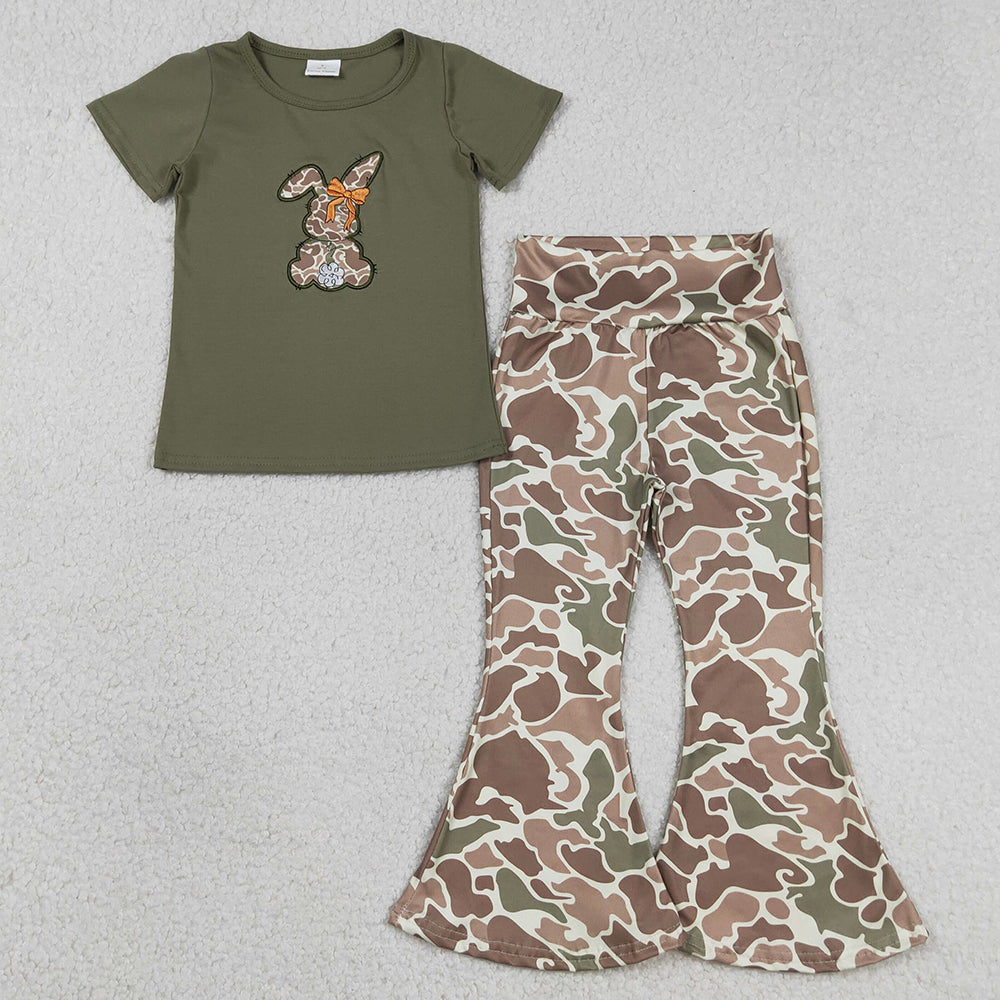 Baby Girls Clothes Embroidery Camo Rabbit Shirt Top Bell Bottom Pants Easter Clothes Sets GSPO2110