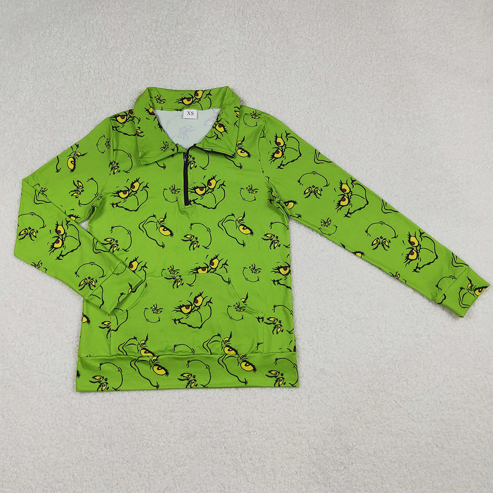 Adult Women Clothes Tops Green Face Plaid Pocket Zipper Christmas Pullover Top GT1173 10.2
