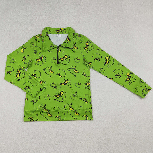Adult Women Clothes Tops Green Face Plaid Pocket Zipper Christmas Pullover Top GT1173 10.2