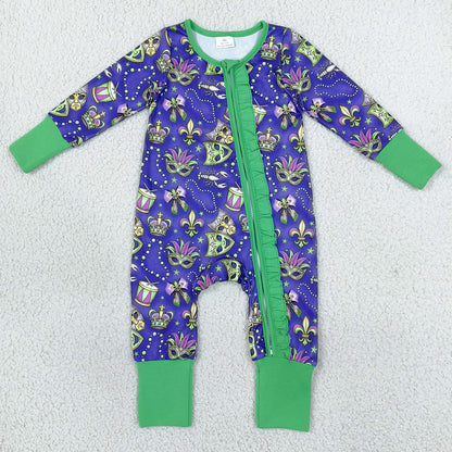 Baby Girls Rompers Mardigras Masks Two Way Ruffle Zip Convertible Rompers LR3334