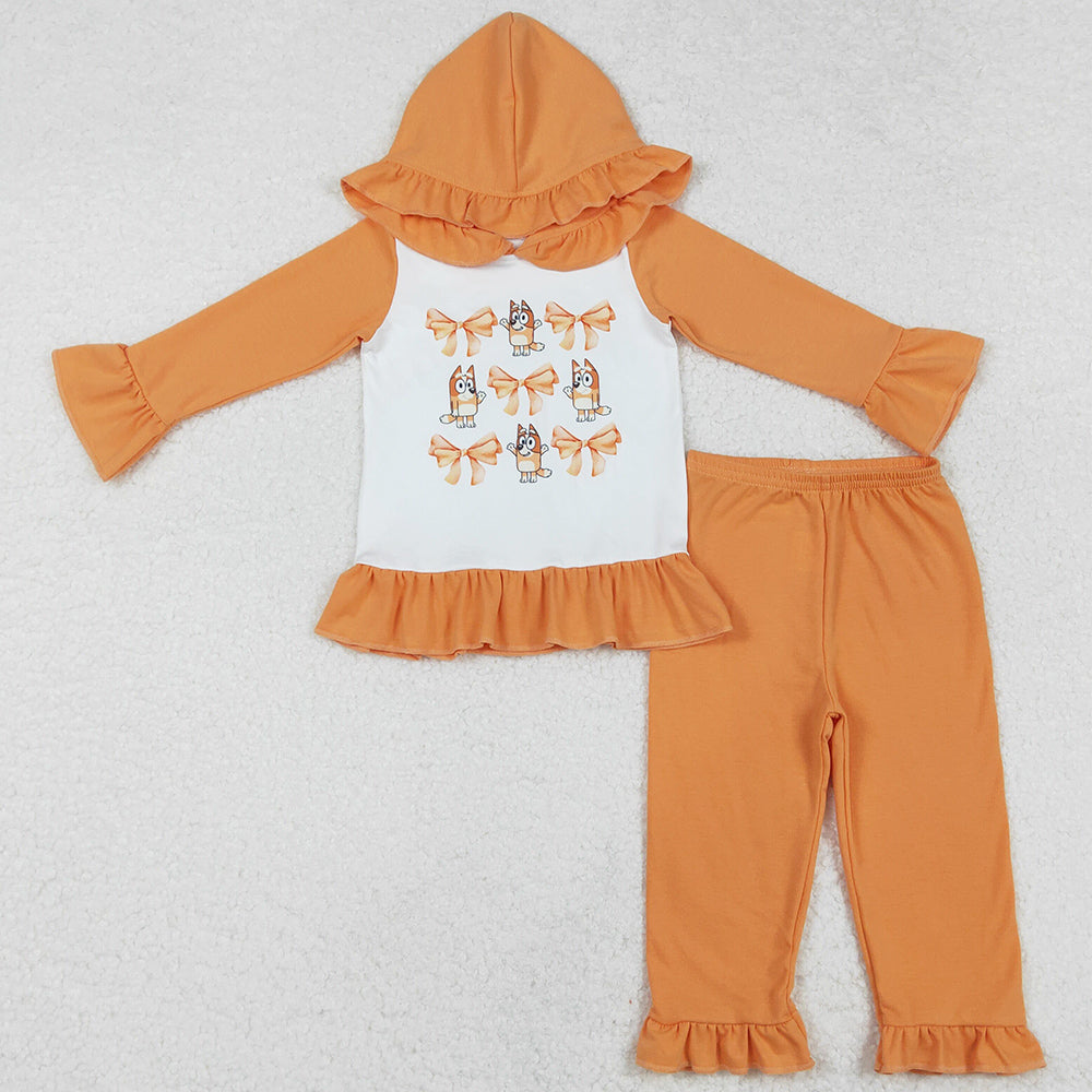 Baby Girls Clothes Orange Dogs Bow Hooded Top Pants Clothes Sets GLP1948