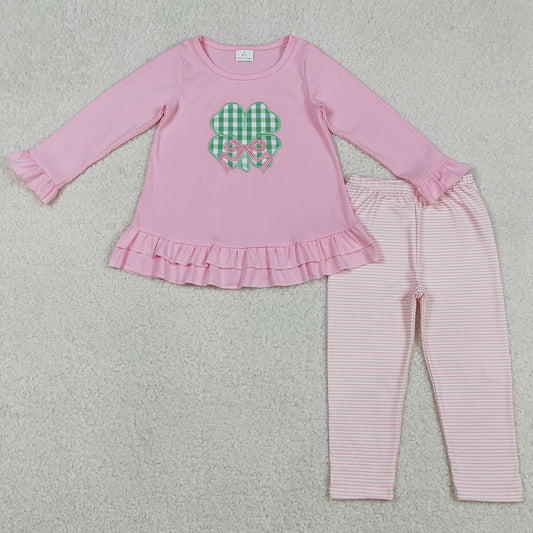 Baby Girls Clothes Embroidery Bow Clovers Tunic Stripe Leggings St Patrick Clothes Sets GLP2210 12.10