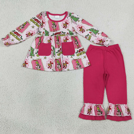 Baby Girls Clothes Green Frogs Pockets Tunic Ruffle Pant Merry Christmas Clothes Set GLP3461