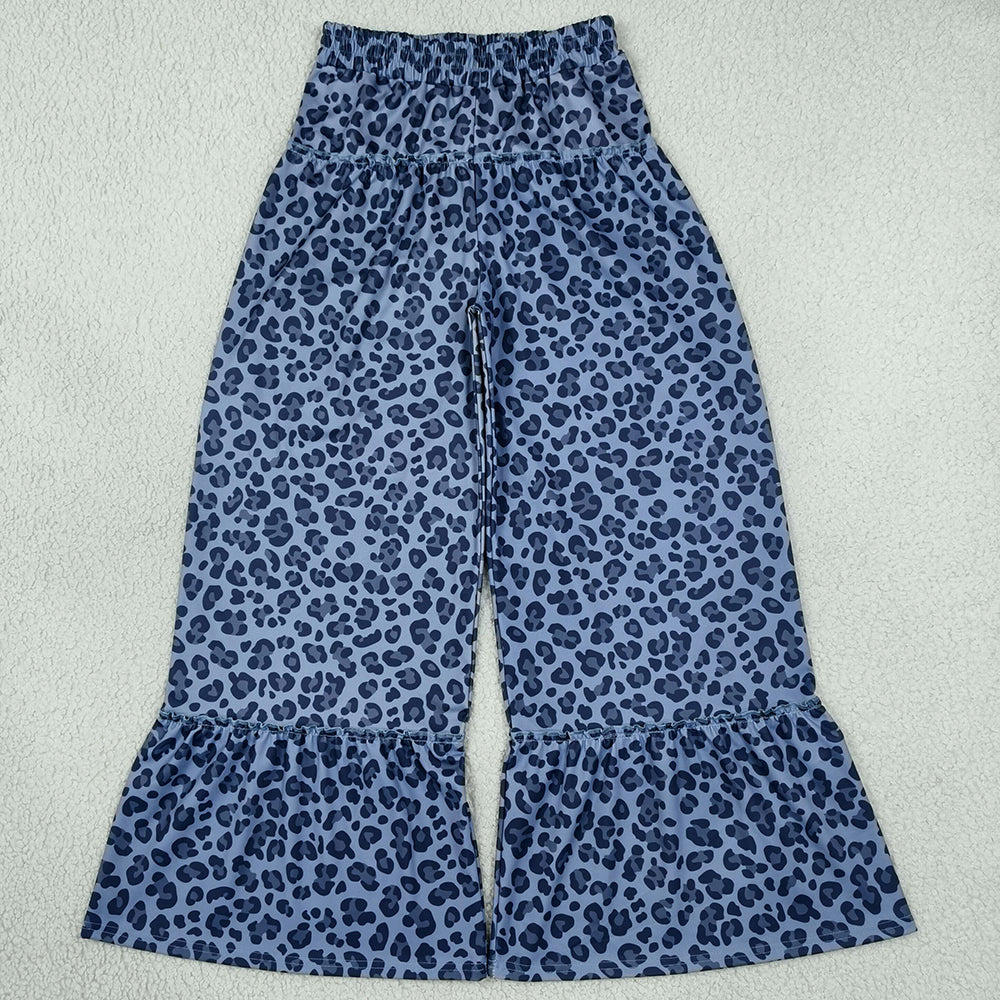 Adult Women Blue Grey Leopard Yoga Active Flare Ruffle Pants Bottom P1052