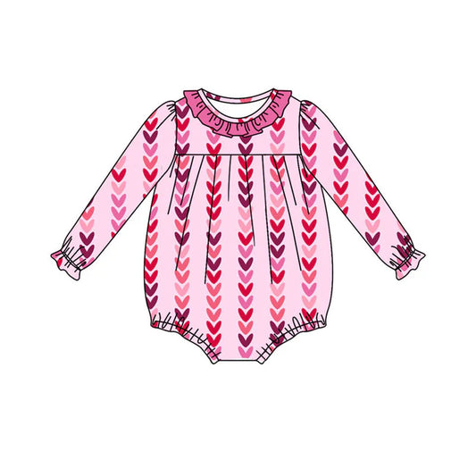 Preorder (moq 8)Baby Girls Long Ruffle Sleeve Hearts Stripe Valentine Rompers 9.19
