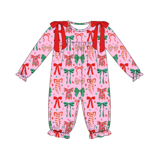 Preorder(moq 5)Baby Girls Long Sleeves Green Red Bows Plaid Ruffle Pant Rompers 7.25