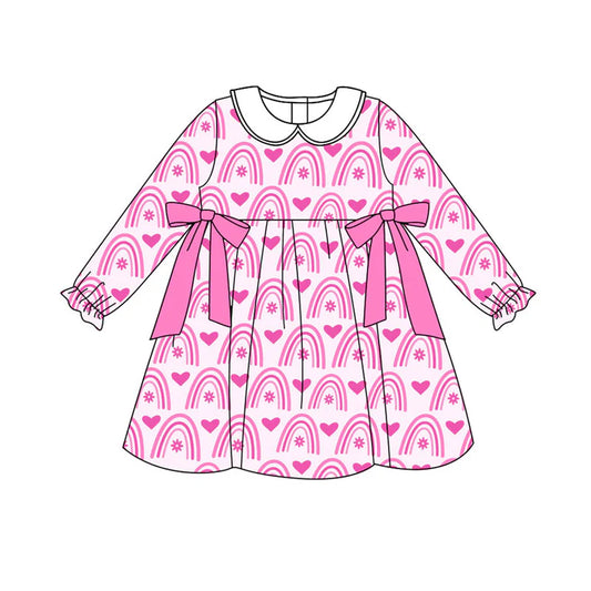 Preorder (moq 8)Baby Girls Pink Rainbows Hearts Bows Valentine Knee Length Dresses 9.15