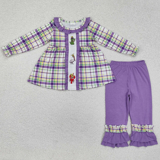 Baby Girls Clothes Checkered Crawfish Mardi Gras Tunic Ruffle Pants Clothes Sets GLP2114