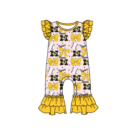 Preorder (moq 5)Baby Girls Yellow Flutter Sleeves Baseball Bows M Tiger Ruffle Pant Team Rompers 6.16