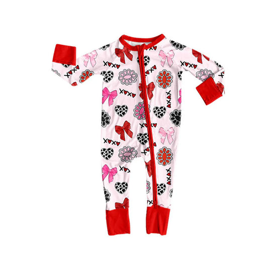 Preorder (moq 5)Baby Girls Bows Turquoises XOXO Hearts Valentine Zipper Footie Rompers 9.3