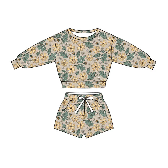 Preorder(moq 5) Baby Girls Daisy Flowers Long Sleeve Pockets Shorts Clothes Sets 10.27
