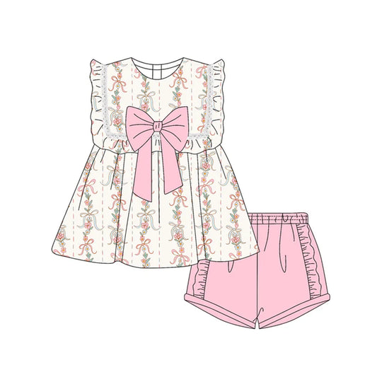 Preorder moq 5 Baby Girls Sleeveless Bows Floral Stripe Tunic Pink Ruffle Short Set 4.19