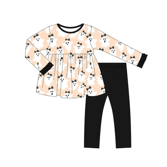 Preorder (moq 5)Baby Girls Long Sleeves Bows Ghosts Tunic Black Legging Pant Sets 6.11