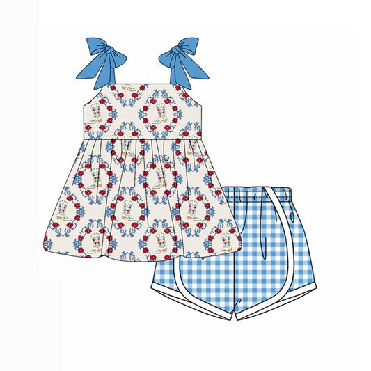 Preorder moq 5 Baby Girls Blue Strap Boots Floral Tunic Plaid Short Set 4.15