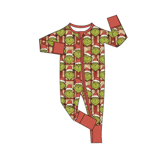 Preorder(moq 5)Baby Infant Boys Long Sleeves Green Face Plaid Christmas Zipper Rompers 7.31