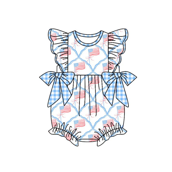 Preorder moq 5 Baby Girls Flutter Sleeves Blue Plaid Bows Flags 4th Of July Ruffle Rompers 4.17