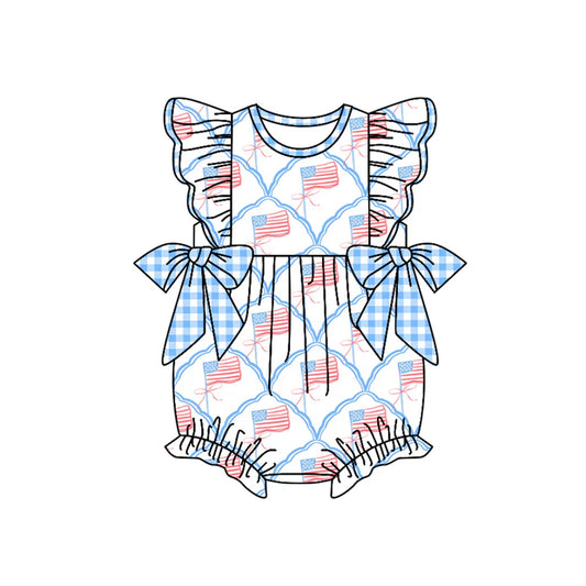 Preorder moq 5 Baby Girls Flutter Sleeves Blue Plaid Bows Flags 4th Of July Ruffle Rompers 4.17