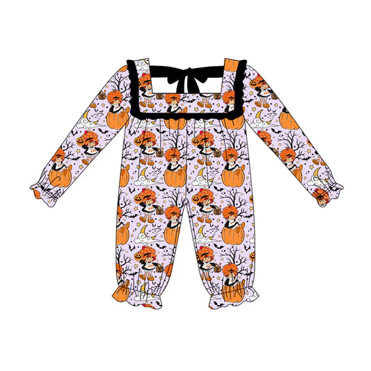 Preorder (moq 5)Baby Girls Long Sleeves Ghost Pumpkins Ruffle Pant Rompers 6.5