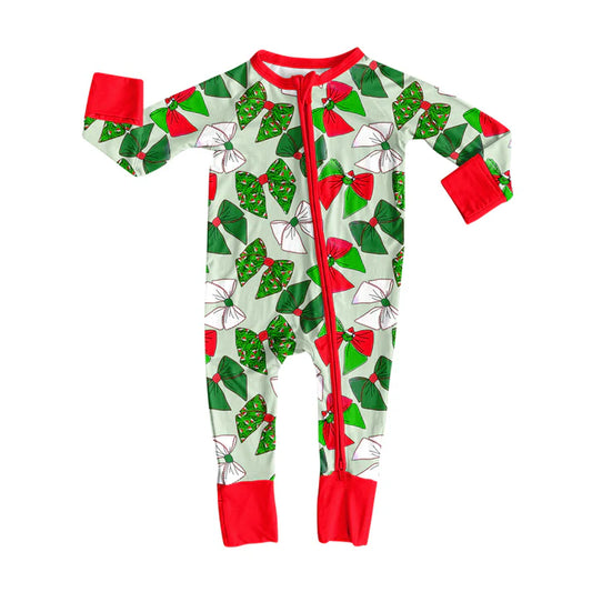Preorder(moq 5)Baby Girls Red Green Bows Plaid Zipper Pant Rompers 7.26