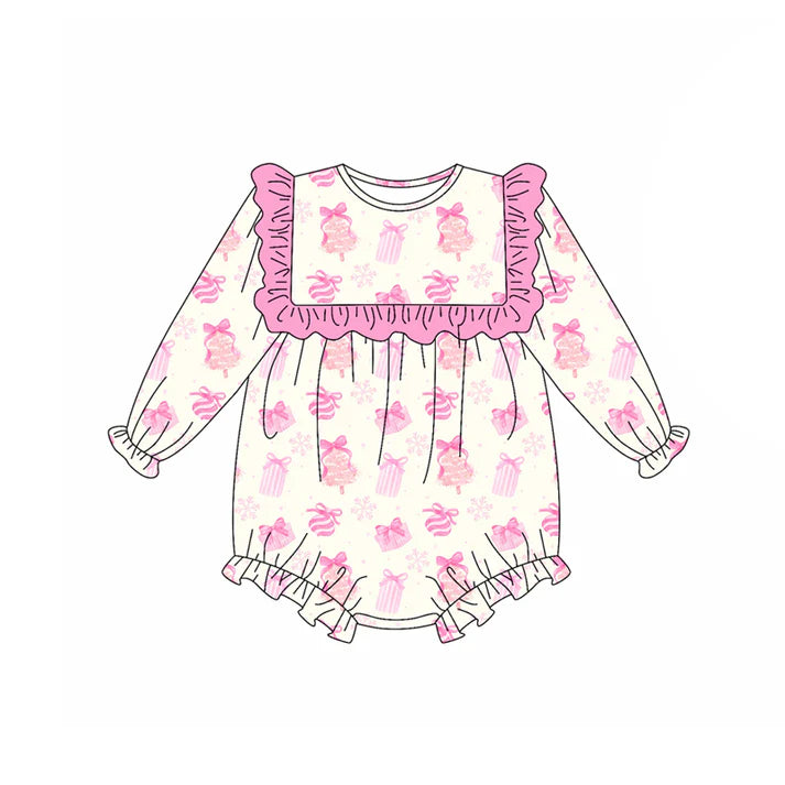 Preorder (moq 5)Baby Girls Long Sleeves Pink Bows Gifts Ruffle Rompers 5.17