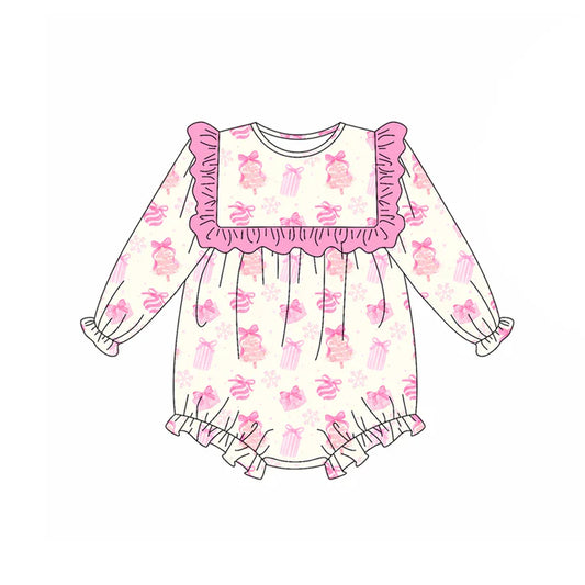 Preorder (moq 5)Baby Girls Long Sleeves Pink Bows Gifts Ruffle Rompers 5.17