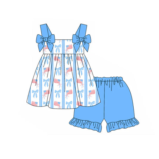 Preorder moq 5 Baby Girls Blue Strap Bows Flags Tunic Ruffle Short 4th Of July Set 4.23