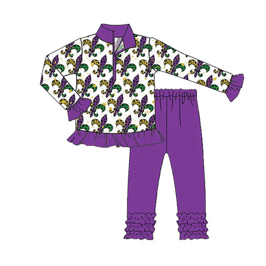 Preorder (moq 8)Baby Girls Anchors Zipper Pullover Ruffle Legging Mardigras Clothes Sets 9.10