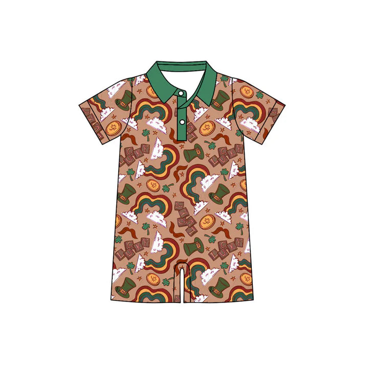 Preorder (moq 5)Baby Boys Short Sleeve Clovers Hats Button Shorts St Patrick Rompers 10.31