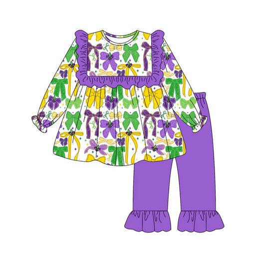 Preorder (moq 8)Baby Girls Purple Yellow Green Bows Stars Ruffle Pants Mardigras Clothes Sets 9.11