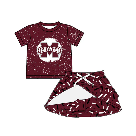 Preorder (moq 5)Baby Girls Dark Brown Short Sleeves State M Top Drip Skorts Team Set 6.17