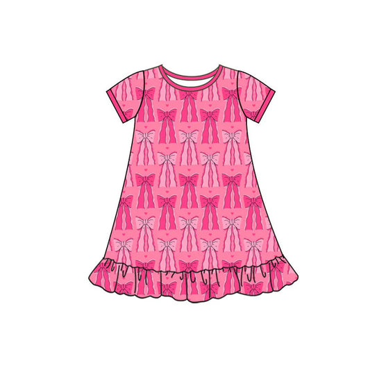 Preorder(moq 5) Baby Girls Short Sleeve Hot Pink Hearts Bows Valentine Ruffle Knee Length Dresses 10.10