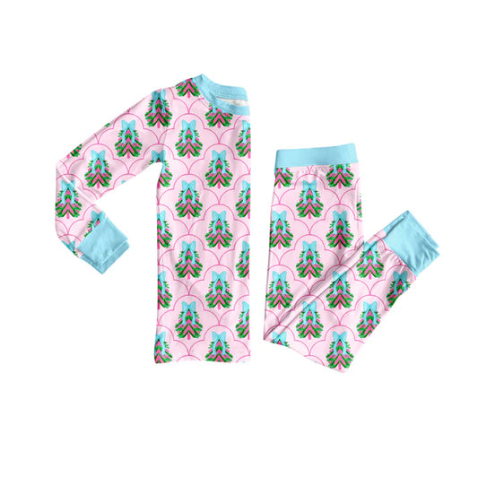 Preorder (moq 5)Baby Girls Long Sleeves Pink Trees Plaid Top Pant Pajamas Set 6.18