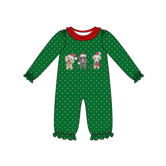 Preorder(moq 5)Baby Infant Girls Green Polka Dots Dogs Ruffle Pants Christmas Rompers 7.30