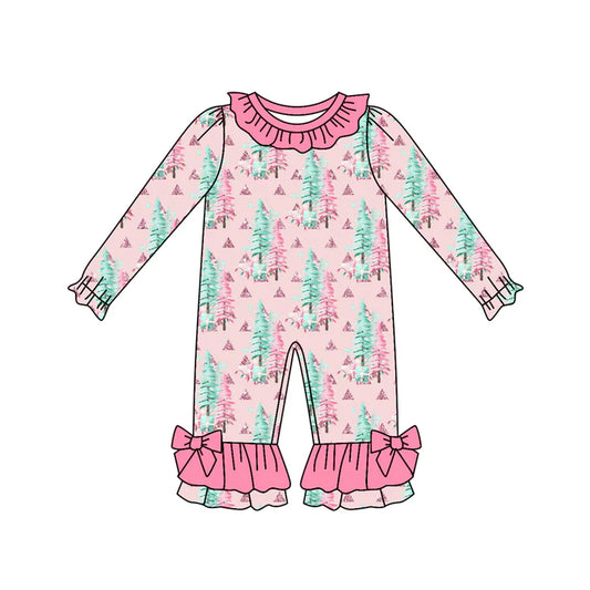 Preorder (moq 5)Baby Girls Pink Long Sleeves Trees Plaid Ruffle Pant Rompers 6.13
