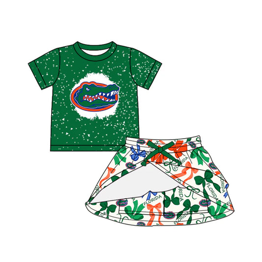 Preorder (moq 5)Baby Girls Green Short Sleeves Crocodiles Top Bows Plaid Skorts Team Set 6.16