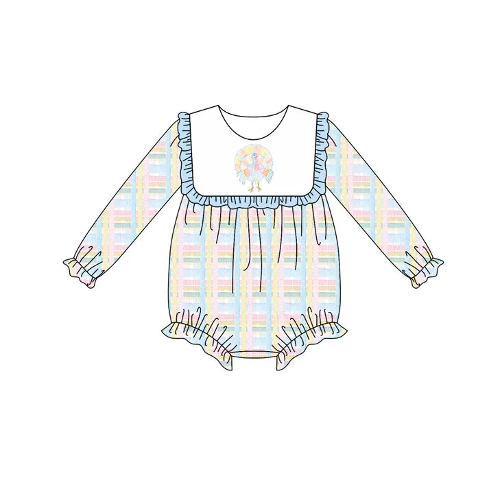 Preorder (moq 5)Baby Girls Long Sleeves Turkey Plaid Ruffle Rompers 6.3