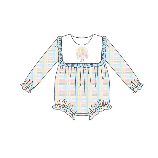 Preorder (moq 5)Baby Girls Long Sleeves Turkey Plaid Ruffle Rompers 6.3
