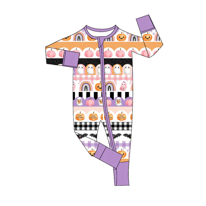 Preorder (moq 5)Baby Girls Lavender Long Sleeves Pumpkin Ghosts Zipper Pant Rompers 6.5