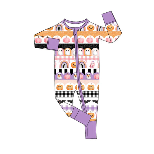 Preorder (moq 5)Baby Girls Lavender Long Sleeves Pumpkin Ghosts Zipper Pant Rompers 6.5