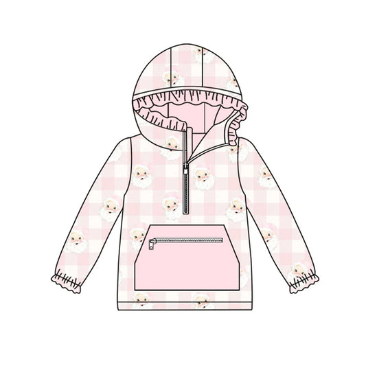 Preorder (moq 8)Baby Girls Pink Checked Santa Pocket Zipper Christmas Ruffle Hoodies Top 9.23