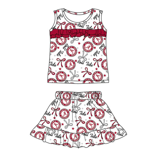 Preorder (moq 5)Baby Girls Sleeveless Red A Roll Tide Bows Stars Top Ruffle Skorts Team Set 6.16
