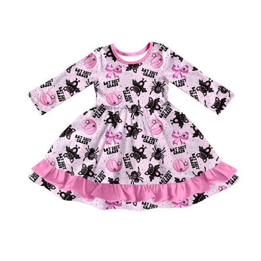 Preorder(moq 5) Baby Girls Long Sleeves Bats Pumpkins Plaid Ruffle Knee Length Dresses 7.24